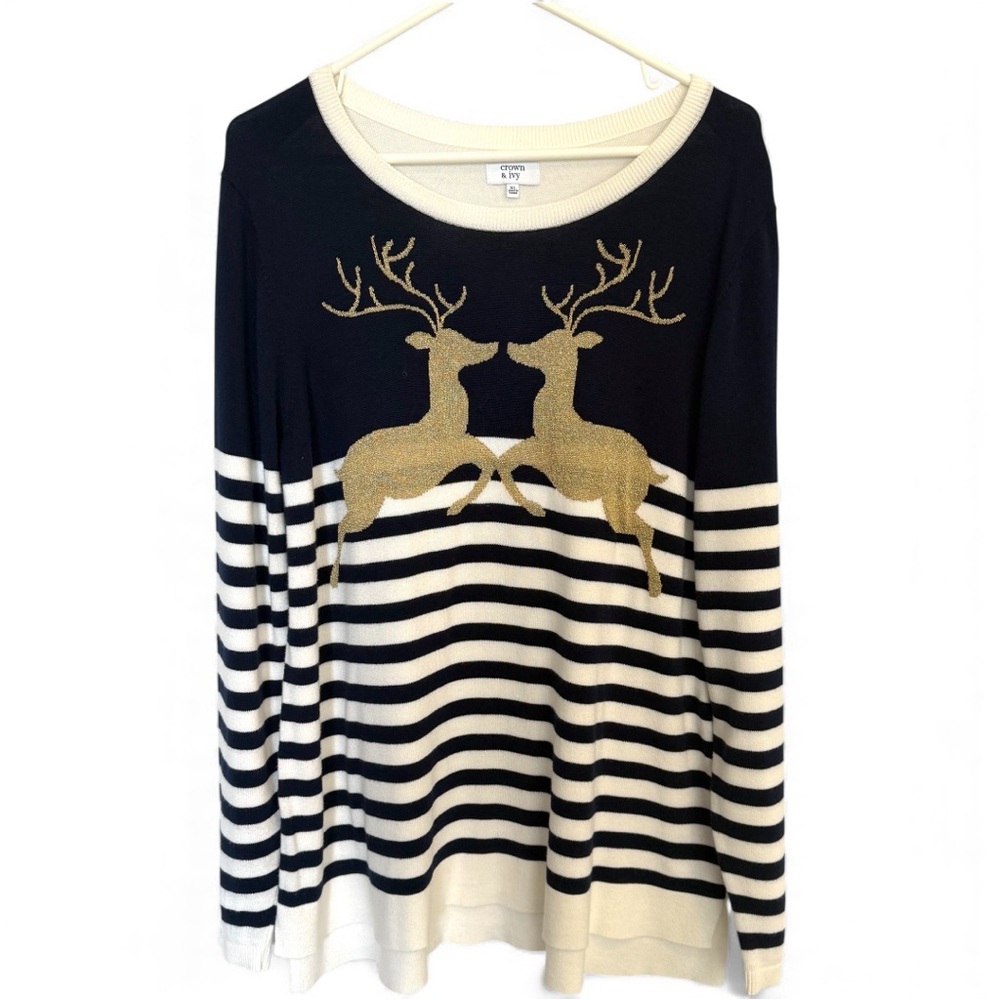 Crown & Ivy XL Navy White Stripe Sweater Gold Reindeer Christmas Holiday Cotton